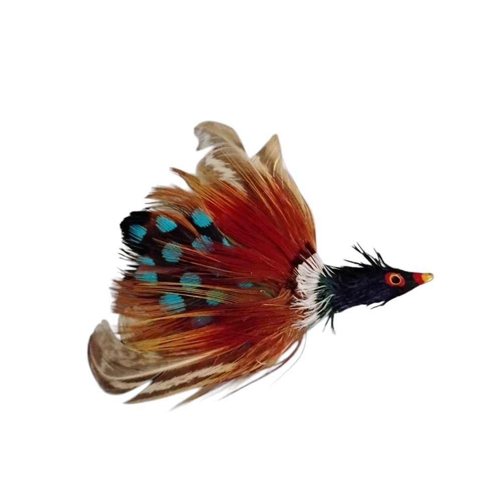 Vintage Real Feather Pheasant Bird Brooch Pin Turquoise Spotted Accents Multi